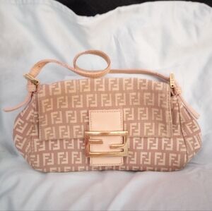 Fendi Beige and Cream FF Logo Shoulder Bag with Gold Hardware